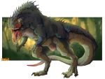  2019 claws dinosaur feathered_dinosaur feathers feral open_mouth pubic_boot ravoilie reptile scalie solo standing teeth theropod tongue yellow_eyes 