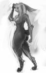  2017 anthro breasts butt chest_tuft digitigrade eyes_closed female hair lagomorph leporid long_hair mammal monochrome nipples nude open_mouth rabbit simple_background sketch solo standing tuft watsup white_background 