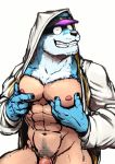  2018 abs animal_humanoid blue_fur canid canine canis clothing countershading domestic_dog fingernails fur grin hat headgear headwear hi_res humanoid looking_at_viewer male mammal monapic_chang mostly_nude muscular muscular_male nails nipples open_hoodie pec_grasp pecs penis smile solo white_countershading 