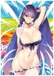  1girl arm_up armpits ban bangs bare_shoulders bikini bikini_pull black_bikini blue_eyes blunt_bangs blush breasts choker collarbone cross cross_necklace earrings eyebrows_visible_through_hair fate/grand_order fate_(series) frilled_bikini frills groin jewelry large_breasts lips long_hair looking_at_viewer midriff navel necklace purple_hair saint_martha saint_martha_(swimsuit_ruler)_(fate) smile solo standing swimsuit thin_waist very_long_hair wide_hips 