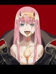  1girl aqua_eyes bangs bare_shoulders black_jacket breasts collarbone commentary darling_in_the_franxx eyebrows_visible_through_hair fangs food food_in_mouth food_on_body food_on_breasts food_on_face food_on_hair hair_over_breasts half-closed_eyes highres jacket letterboxed liyou-ryon long_hair medium_breasts open_clothes open_jacket open_mouth pink_hair red_background simple_background solo tongue tongue_out upper_body zero_two_(darling_in_the_franxx) 