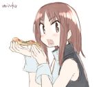  1girl bangs bare_shoulders black_shirt blush brown_eyes brown_hair commentary_request eyebrows_visible_through_hair food hands_up holding holding_food long_hair looking_at_viewer okano_kei open_mouth parted_bangs pizza shirt signature simple_background sleeveless sleeveless_shirt slice_of_pizza solo umiroku v-shaped_eyebrows white_background wrist_cuffs yuyushiki 