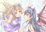  2girls bat_wings blue_hair dress grey_hair hair_ornament horns ken_(kenta1922) light_rays long_hair love_live! love_live!_school_idol_project love_live!_sunshine!! minami_kotori multiple_girls one_side_up side_bun sunbeam sunlight tsushima_yoshiko wings 