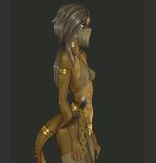  anthro arm_ring blue_eyes breasts brown_clothing brown_scales choker clothing collarbone female grey_hair hair kuja legend_of_krystal lizard loincloth looking_forward multicolored_scales navel nipple_outline reptile scales scalie side_boob side_view solo tail_ring wrap_bra yellow_scales 