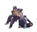  2boys :d black_hair blue_eyes blush diamond_wa_kudakenai gakuran higashikata_jousuke highres jacket jojo_no_kimyou_na_bouken male_focus multiple_boys nijimura_okuyasu no_shoes open_clothes open_jacket open_mouth photo_(object) pompadour school_uniform sitting smile socks tangsong 