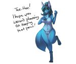  2017 4_toes anthro barefoot blue_fur breasts canid canine canis corablue_(character) dialogue digitigrade female fur hair hand_on_breast jackal mammal navel nipples nude on_one_leg open_mouth pussy simple_background smile solo standing toes watsup white_background wide_hips 