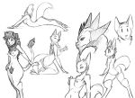  2016 all_fours ambiguous_gender anthro anus breasts butt canid canine canis digitigrade dragon eyes_closed felid female fox half-closed_eyes hand_on_breast horn kneeling lion mammal monochrome navel nipples nude open_mouth pantherine pussy simple_background smile thick_thighs watsup white_background wolf 