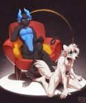  2019 5_fingers anthro blue_eyes canid canine canis collar digital_media_(artwork) domestic_dog dragon duo fur hi_res horn kyander leash looking_at_viewer male male/male mammal sitting smile white_fur 