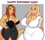  2018 5_fingers anthro big_breasts birthday blonde_hair breasts brown_fur brown_hair clothed clothing couple_(disambiguation) digital_media_(artwork) dress elexis evening_dress female front_view fur green_eyes hair huge_breasts huge_hips jwink mammal mrsamp mustela mustelid musteline thick_thighs ursid wide_hips 