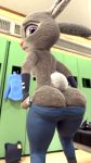  3d_(artwork) big_butt breasts butt clothed clothing digital_media_(artwork) disney dressing female hi_res judy_hopps lagomorph leporid looking_back low-angle_view mammal nonojack pants_pull rabbit short short_stack side_boob solo thick_thighs tight_clothing topless uniform wide_hips zootopia 