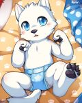  anthro blue_eyes blush canid canine canis clothed clothing cub diaper fur looking_at_viewer lying mammal on_back open_mouth solo topless unrealplace white_fur wolf young 