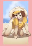  5_fingers absurd_res anthro beach bottomless brown_fur canid canine canis child clothed clothing cub cum cum_drip domestic_dog dripping fur green_eyes hat headgear headwear hi_res male mammal raised_tail seaside shirt solo t-shirt tears teien topwear water white_fur young 