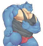 2019 5_fingers anthro belly biceps big_muscles blastoise blue_scale bulge chococlass clothed clothing looking_at_viewer male musclegut muscular muscular_male nintendo pecs pok&eacute;mon pok&eacute;mon_(species) scalie simple_background solo triceps video_games 
