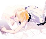  1girl bad_fantia_id bad_id bangs bare_shoulders bed_sheet blonde_hair blush character_request closed_mouth computer dress eyebrows_visible_through_hair foot_up hair_over_one_eye highres holding honryou_wa_naru keyboard kneehighs laptop lying on_stomach paper pen purple_eyes shiny shiny_hair short_hair sleeveless sleeveless_dress solo white_dress white_legwear 
