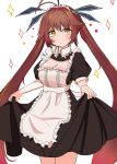  1girl absurdres apron breasts brown_hair cleavage commentary_request curtsey eyebrows_visible_through_hair finesoda girls_frontline highres korean_commentary long_skirt m14_(girls_frontline) maid maid_apron maid_headdress skirt solo yellow_eyes 