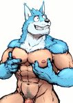  2018 abs animal_humanoid blue_fur canid canine canis countershading domestic_dog fingernails fur grin hi_res humanoid male mammal monapic_chang muscular muscular_male nails nipples nude one_eye_closed pec_grasp pecs penis smile solo white_countershading wink 