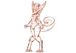  2018 anthro breasts digitigrade dragon female horn monochrome navel nipples nude pussy simple_background smile solo standing watsup white_background wide_hips 