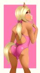  2019 absurd_res anthro biped blonde_hair blush bow buffbumblebee bulge butt clothed clothing digital_media_(artwork) equid equine eyelashes eyeshadow fur girly hair hi_res horse lipstick looking_at_viewer looking_back makeup male mammal multicolored_fur one-piece_swimsuit ponytail presenting presenting_hindquarters simple_background smile solo sport_swimsuit standing swimwear tan_fur two_tone_fur yellow_eyes 
