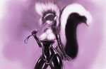  2016 anthro big_breasts breasts camel_toe chest_tuft female green_eyes mammal mephitid nipples portrait riding_crop rubber simple_background skunk smile solo three-quarter_portrait tuft watsup whip 