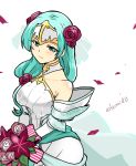  1girl aqua_eyes aqua_hair bouquet bride bride_(fire_emblem) closed_mouth dress fire_emblem fire_emblem:_akatsuki_no_megami fire_emblem:_souen_no_kiseki fire_emblem_heroes flower hair_flower hair_ornament holding holding_bouquet long_hair petals sigrun simple_background smile solo twitter_username wedding_dress white_background white_dress yukia_(firstaid0) 