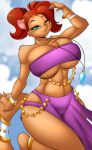  2018 anthro bell belly belly_dancer big_breasts breasts brown_fur brown_hair clothed clothing dancing elexis female fur green_eyes hair huge_breasts jewelry mammal mastergodai mrsamp mustela mustelid musteline ponytail solo translucent translucent_clothing upstairstudios 