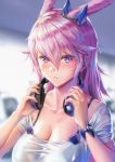  1girl animal_ears bangs blush breasts eyebrows_visible_through_hair fox_ears gotointhepark hair_between_eyes hair_flaps hair_ornament highres honkai_(series) honkai_impact_3rd large_breasts long_hair looking_at_viewer messy_hair nontraditional_miko pink_hair purple_eyes solo very_long_hair yae_sakura 