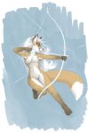  2019 5_fingers anthro arrow bow breasts canid canine featureless_breasts featureless_crotch female fox foxmode hair hi_res holding_object holding_weapon mammal nude open_mouth purple_eyes solo teeth weapon white_hair 