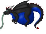  2014 3_toes 4:3 air_inflation anthro belly big_belly black_body blue_eyes blue_scales cherrycheesecake claws coop_(cabal-revolution) dragon floating horn hose inflation male midair nude scales side_view simple_background solo toes white_background wings 