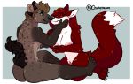  2019 anthro border breasts brown_hair butt canid canine caress chimeracon claws dipstick_tail eye_contact female female/female fox fur gloves_(marking) green_eyes hair half-closed_eyes hyaenid interspecies looking_at_another mammal markings multicolored_fur multicolored_tail nipples nude pussy red_eyes red_hair short_hair simple_background smile socks_(marking) spots spotted_fur spotted_hyena toe_claws two_tone_fur 