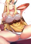  1girl alternate_breast_size blonde_hair breasts cleavage elf fate/grand_order fate_(series) highres holding ibaraki_douji_(fate/grand_order) large_breasts older panties pantyshot pointy_ears slit_pupils smile spider_apple spread_legs tattoo thighs underwear white_background yellow_eyes 