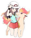  1girl amezawa_koma bag bangs blue_(pokemon) carrying commentary cowboy_shot cropped_legs gen_1_pokemon green_shirt hand_on_headwear handbag hat highres light_blush long_hair looking_at_another miniskirt open_mouth pleated_skirt pokemon pokemon_(creature) pokemon_(game) pokemon_frlg ponyta porkpie_hat red_skirt shirt simple_background skirt smile solo standing tank_top white_background white_headwear wristband 