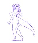  2016 anthro barefoot big_breasts breasts butt claws female hair looking_at_viewer lutrine mammal monochrome mustelid nipples nude simple_background smile solo standing toes watsup white_background 