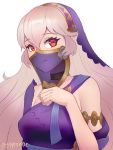  1girl alternate_costume closed_mouth female_my_unit_(fire_emblem_if) fire_emblem fire_emblem_heroes fire_emblem_if highres long_hair my_unit_(fire_emblem_if) pointy_ears red_eyes simple_background solo spiffydc twitter_username upper_body veil white_background white_hair 