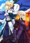  2girls ahoge armor armored_dress artoria_pendragon_(all) blonde_hair blue_dress bow braid breasts cleavage dark_excalibur dress dual_persona fate/grand_order fate/stay_night fate_(series) faulds french_braid gauntlets green_eyes hair_ribbon heaven&#039;s_feel highres juliet_sleeves long_sleeves multiple_girls open_mouth pale_skin puffy_sleeves ribbon saber saber_alter shiguru short_hair sidelocks sky yellow_eyes 