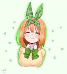  1girl bangs blush bow breasts brown_hair brown_sweater closed_eyes closed_mouth collared_shirt commentary_request cropped_torso eyebrows_visible_through_hair facing_viewer go-toubun_no_hanayome green_background green_bow green_ribbon hair_between_eyes hair_ribbon heart heart_background highres kujou_karasuma medium_breasts nakano_yotsuba plaid plaid_ribbon ribbon shirt signature smile solo sweater upper_body white_shirt 