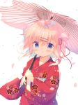  1girl :o bangs blonde_hair blue_eyes blush commentary_request eyebrows_visible_through_hair floral_print flower hair_between_eyes hair_flower hair_ornament hair_ribbon hairclip holding holding_umbrella japanese_clothes kimono long_hair long_sleeves looking_at_viewer mayu_(yuizaki_kazuya) obi one_side_up oriental_umbrella original parted_lips petals pink_flower pink_umbrella print_kimono red_kimono red_ribbon ribbon sash solo umbrella white_background wide_sleeves yuizaki_kazuya 