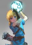  1boy :o arms_up arrow ban_mumani bangs belt blonde_hair blue_eyes blue_tunic blush bomb brown_belt eyebrows_visible_through_hair gloves glowing grey_background hair_between_eyes hands_up holding holding_bomb link long_hair long_sleeves looking_at_viewer male_focus open_mouth pointy_ears quiver short_sleeves side_slit sidelocks simple_background solo sphere standing sweat the_legend_of_zelda the_legend_of_zelda:_breath_of_the_wild tunic upper_body vambraces 