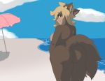  absurd_res anthro beach big_butt breasts butt canid canine digital_media_(artwork) female foxx.dott fur hair hi_res long_hair long_tail looking_at_viewer mammal nipples nude outside pointy_ears sea seaside smile solo umbrella water 