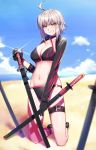  1girl ahoge beach black_footwear black_gloves blue_sky blurry breasts cleavage cloud collarbone day depth_of_field diffraction_spikes fate/grand_order fate_(series) gloves grin highres holding holding_sword holding_weapon horizon jeanne_d&#039;arc_(alter_swimsuit_berserker) jeanne_d&#039;arc_(fate)_(all) katana kinata_1 kneeling leg_belt long_sleeves looking_at_viewer medium_breasts navel outdoors shadow sheath sheathed shoes short_hair shrug_(clothing) silver_hair sky smile solo stomach sword v-shaped_eyebrows weapon yellow_eyes 