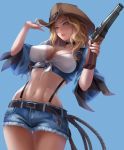  1girl belt blonde_hair breasts choker cleavage cow_girl cowboy_hat gun hat highres legs_together lips long_hair looking_to_the_side nai_zi navel no_bra original parted_lips rope sky solo suspenders thigh_gap wavy_hair weapon wide_hips yellow_eyes 