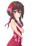  1girl alternate_costume bare_arms bare_shoulders breasts brown_hair commentary_request dress flower hair_flower hair_ornament halter_dress halterneck kono_subarashii_sekai_ni_shukufuku_wo! looking_at_viewer megumin parted_lips pensuke pink_ribbon red_dress red_eyes red_flower ribbon rose short_hair_with_long_locks sidelocks simple_background sleeveless sleeveless_dress small_breasts smile solo standing upper_body white_background 