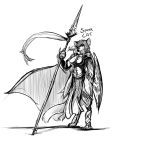  2018 anthro armor breasts clothed clothing digitigrade domestic_cat english_text felid feline felis female fully_clothed hair mammal melee_weapon monochrome polearm shield simple_background solo spear standing text watsup weapon white_background 