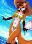  2019 anthro bikini blue_eyes brown_hair canid canine clothed clothing day detailed_background female fox fur hair hi_res ketty mammal midriff navel orange_fur outside sky smile solo standing swimwear 
