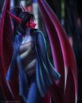  2019 5_fingers anthro black_hair blurred_background breasts clothed clothing dragon elvofirida female hair membranous_wings raining solo standing wings 