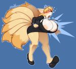  0r0ch1 anthro big_breasts black_clothing black_dress blush breasts canid canine clothing dress feet female footwear fox frustrated hi_res huge_breasts mammal nipples shoes solo source_request tablet thick_thighs torn_clothing wardrobe_malfunction 