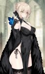  1girl alternate_breast_size alternate_costume artoria_pendragon_(all) ass black_dress black_gloves black_legwear blonde_hair blurry blurry_background braid breasts bug butterfly china_dress chinese_clothes cleavage cleavage_cutout commentary_request covered_navel crown_braid depth_of_field dress elbow_gloves ero_waifu eyebrows_visible_through_hair fate/grand_order fate_(series) gloves hair_bun insect large_breasts panties pelvic_curtain saber_alter short_hair side-tie_panties solo string_panties thighhighs underwear yellow_eyes 
