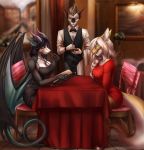  2019 5_fingers anthro auzi black_hair blurred_background braided_hair breasts clothed clothing dragon elvofirida female fin fish hair male marine membranous_wings red_eyes scalie shark sheera_castellar sitting smile standing western_dragon white_hair wings 