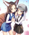 2girls animal_ear_fluff animal_ears black_hair black_neckwear black_skirt blade_&amp;_soul blue_dress blue_eyes blue_neckwear brown_eyes brown_hair bunny_ears bunny_tail cherry_blossoms commission dress face-to-face forehead fox_ears fox_tail hat highres holding_hands long_hair looking_at_viewer low_twintails lyn_(blade_&amp;_soul) multiple_girls multiple_tails necktie nyangvh petals ribbon shirt skirt smile tail twintails white_shirt 