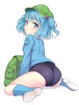  1girl ass backpack bag bangs black_swimsuit blue_eyes blue_footwear blue_hair blush boots eyebrows_visible_through_hair full_body green_headwear hair_bobbles hair_ornament hat kawashiro_nitori long_sleeves looking_at_viewer looking_back short_hair simple_background sitting solo swimsuit swimsuit_under_clothes touhou two_side_up wariza white_background yamasan 