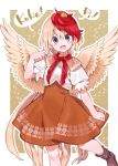 1girl akagashi_hagane bird blonde_hair boots brown_footwear chick commentary_request dress eyebrows_visible_through_hair feathered_wings looking_at_viewer multicolored_hair neckerchief niwatari_kutaka open_mouth orange_dress outline puffy_short_sleeves puffy_sleeves red_eyes red_hair red_neckwear short_hair short_sleeves solo tail tail_feathers touhou two-tone_hair white_outline wings 